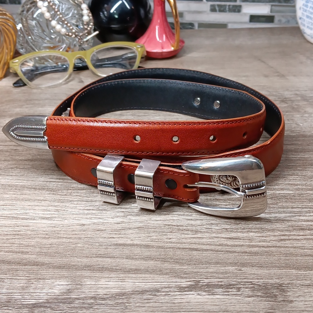 Men's Brown Italian Calfskin Leather Belt 38  Silver Buckle & Tip fish